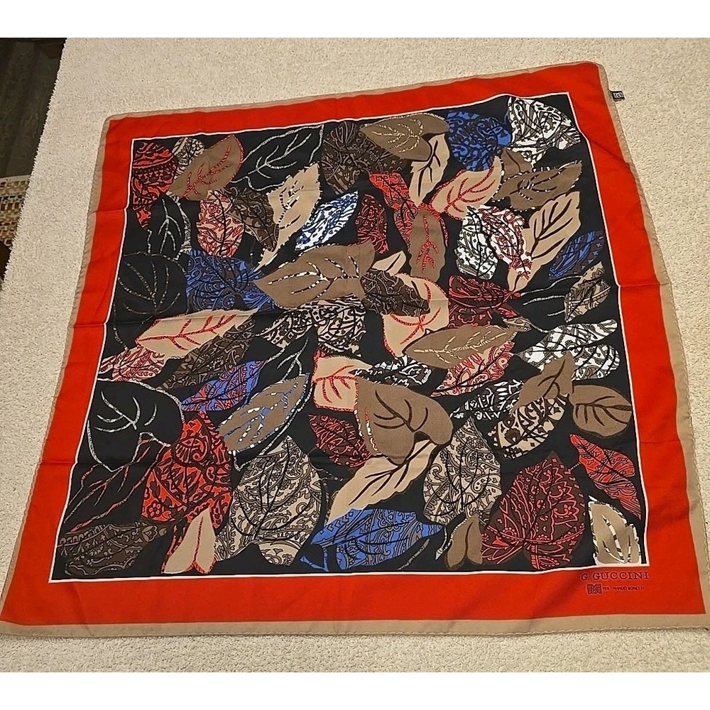 G Guccini Per Manlio‎ Bonetti Scarf, Hand Rolled Edges, Red Floral Made In Italy